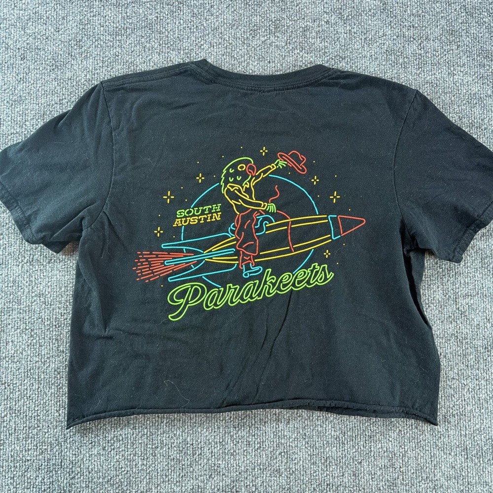South Austin Parakeets Baseball Crop Top T-Shirt Black Neon Rocket Short Sleeve